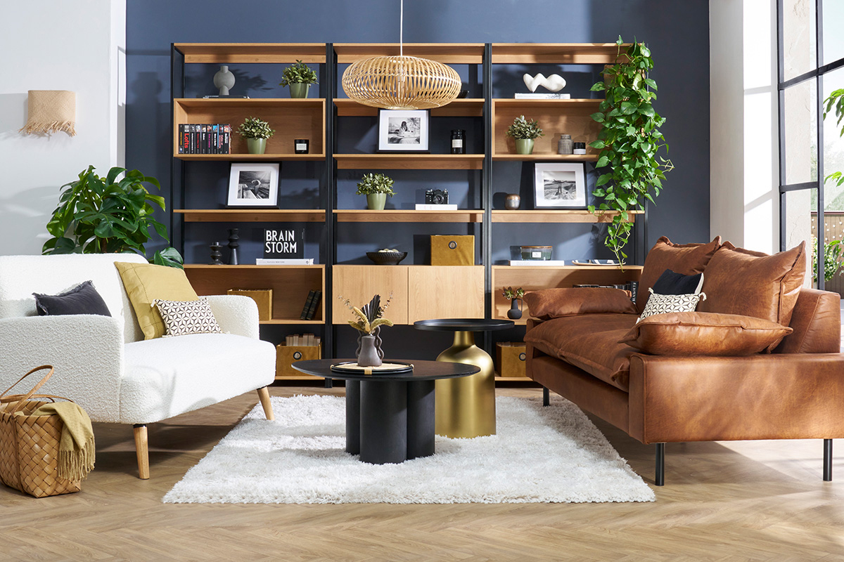 Biblioth�que �tag�re avec rangement ferm� finition bois clair ch�ne et m�tal noir L94 cm FLEA