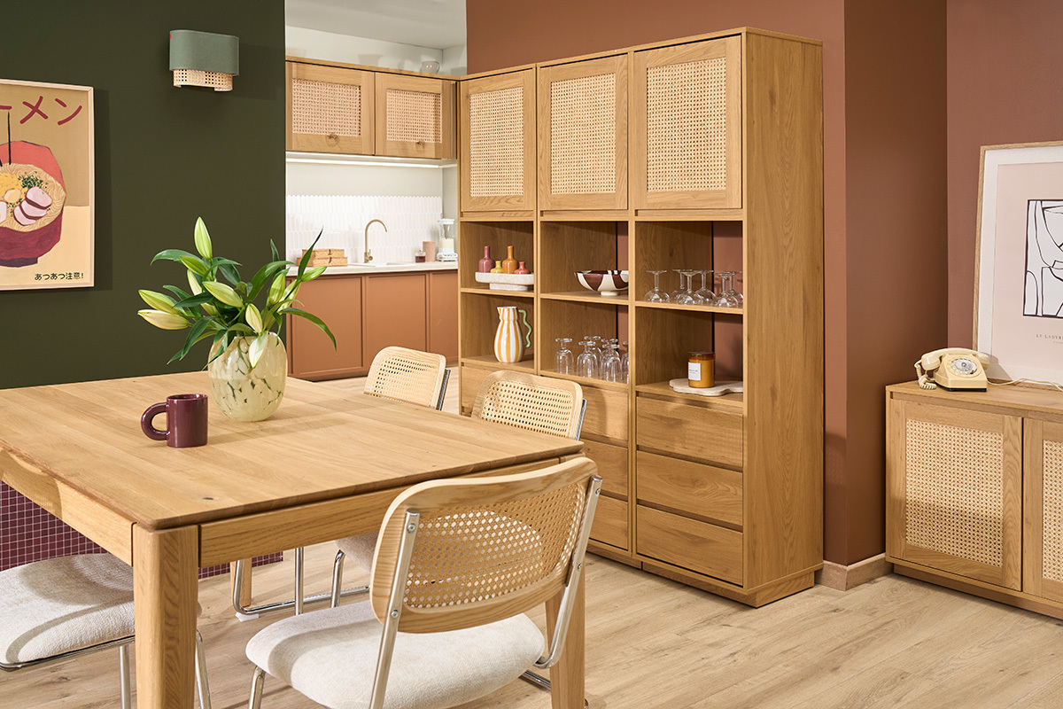 Biblioth�que �tag�re avec rangements finition bois clair ch�ne et cannage rotin L50 cm SEVILLE
