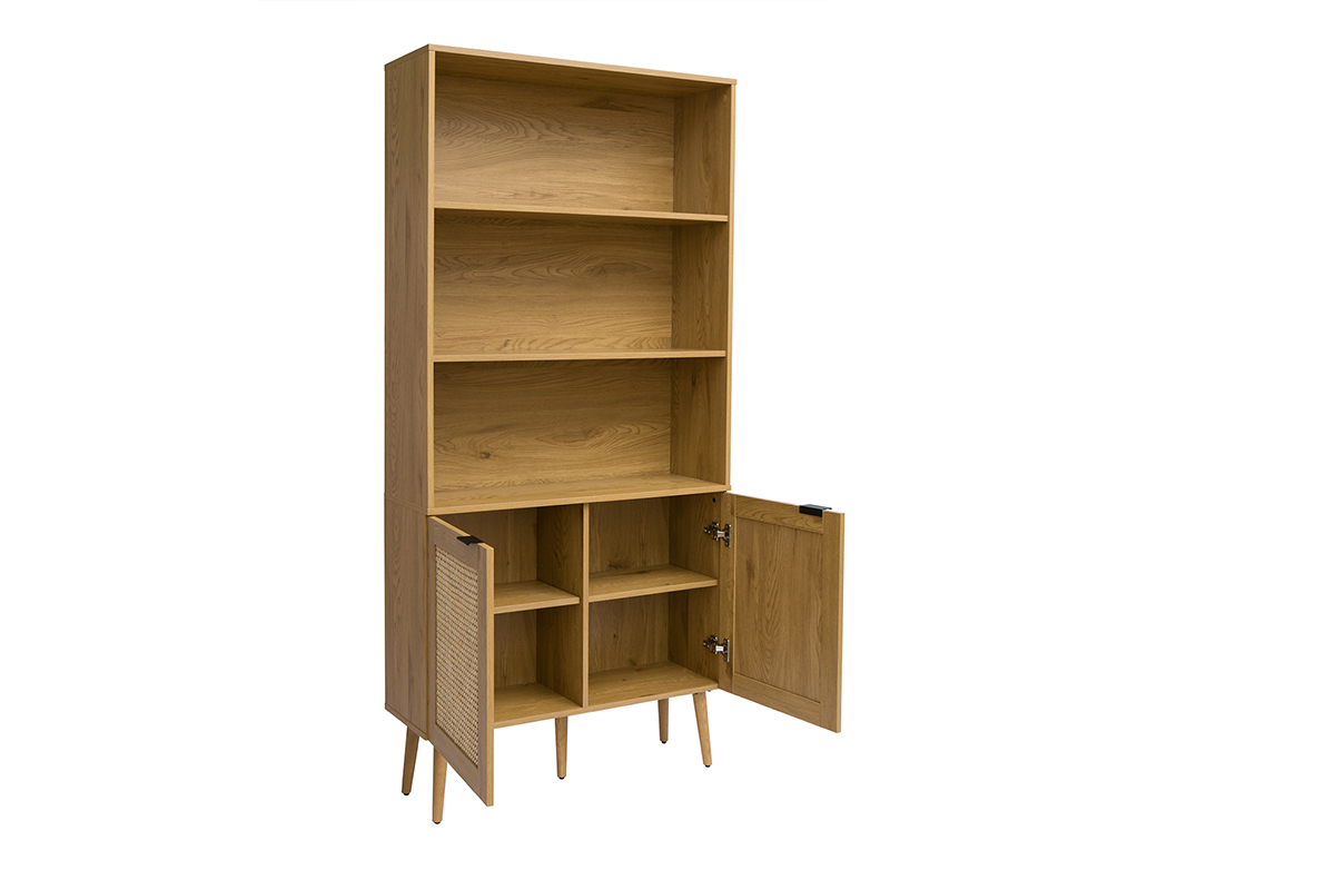 Biblioth�que finition bois clair, cannage en rotin et m�tal noir L90 MANILLE