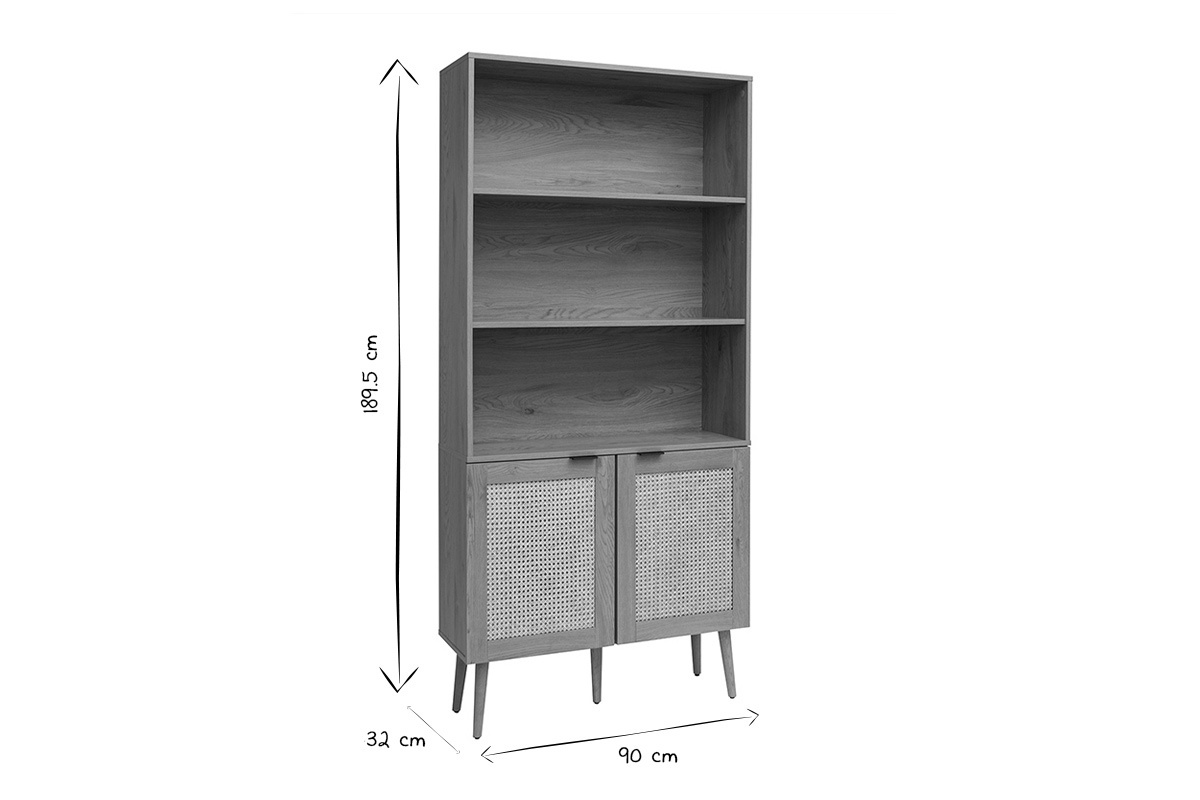 Biblioth�que finition bois clair, cannage en rotin et m�tal noir L90 MANILLE