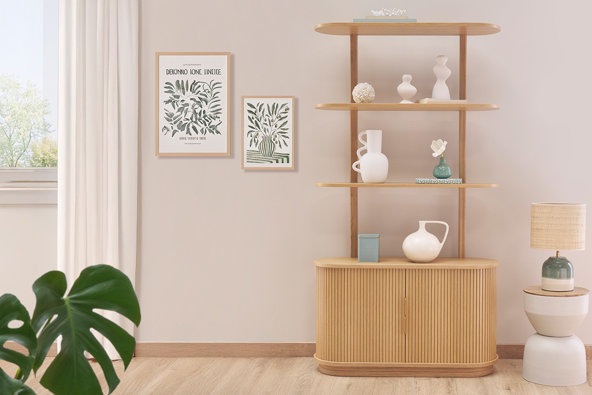 Biblioth�que finition bois clair ch�ne avec rangement 2 portes coulissantes L90 cm EPIC