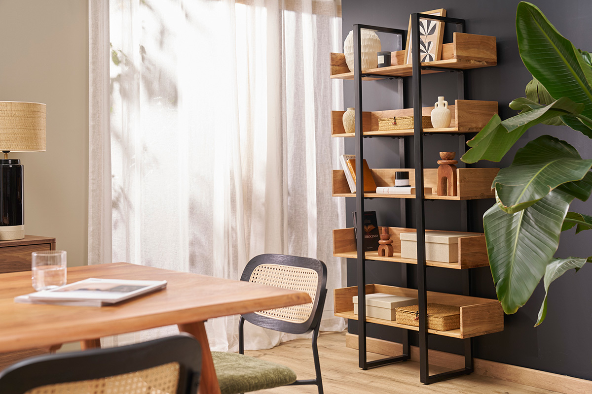 Biblioth�que industrielle en bois massif et m�tal noir L90 cm TAO