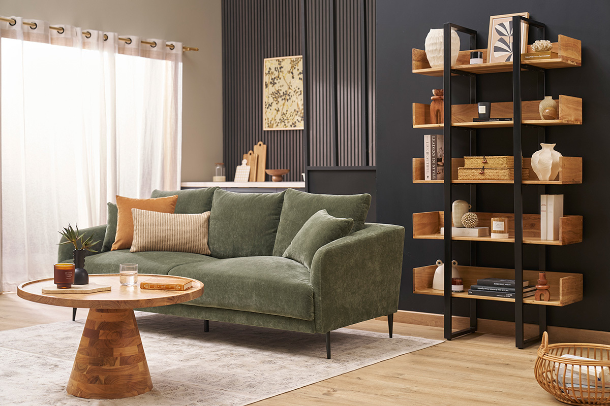 Biblioth�que industrielle en bois massif et m�tal noir L90 cm TAO