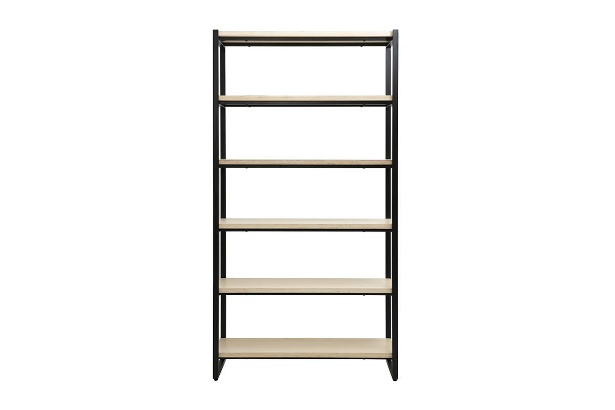 Biblioth�que industrielle ouverte en bois clair et m�tal noir L100 cm ARISTOTE