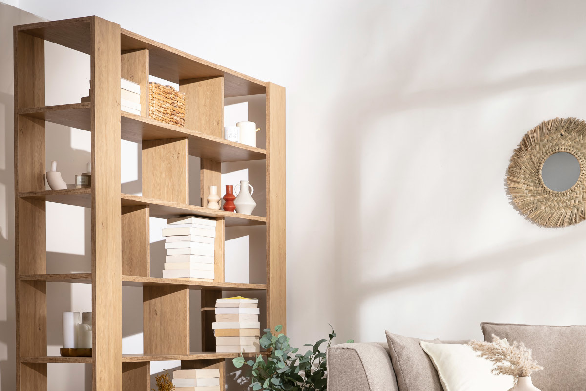 Biblioth�que multi casiers design finition bois clair ch�ne L168 cm MUSSO