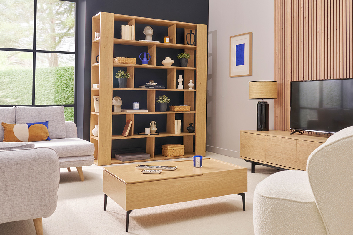 Biblioth�que multi casiers design finition bois clair ch�ne L168 cm MUSSO
