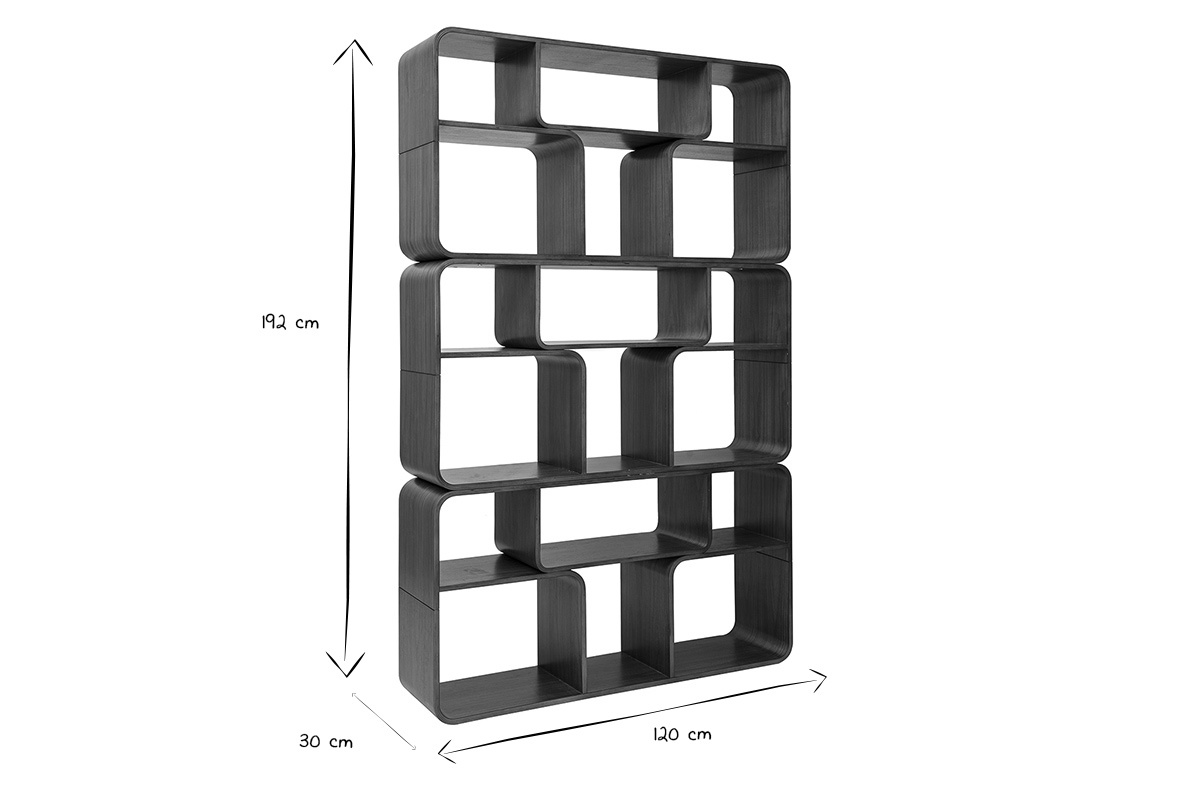 Biblioth�que ouverte � multi-casiers en bois fonc�, dimensions L120 x P30 x H192 cm, vue de trois quarts, en noir et blanc.