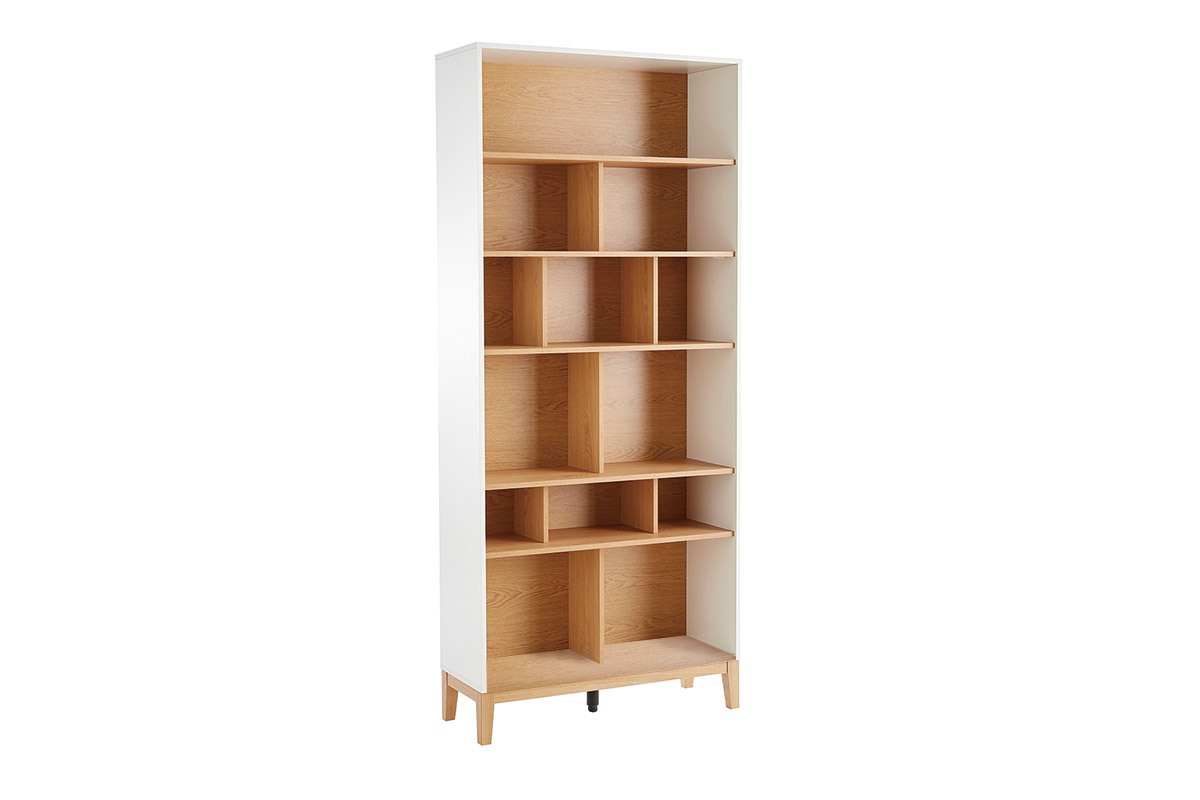 Biblioth�que scandinave en bois clair ch�ne et blanc L90 cm ABEL