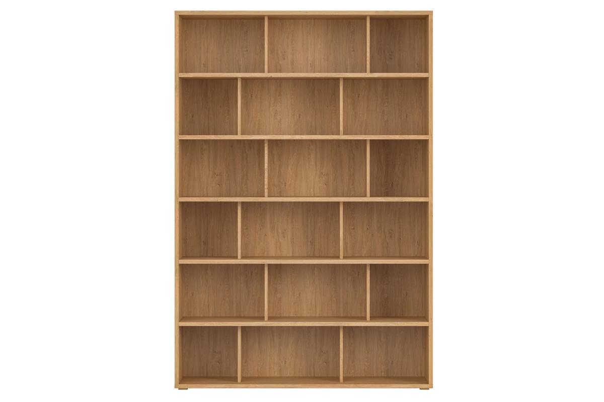 Biblioth�que en bois clair ch�ne, vue de face, grandes dimensions et multiples niches.