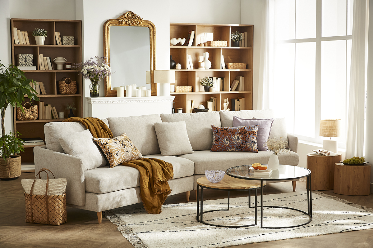 Salon avec canap� beige, tables basses et biblioth�que en bois clair.
