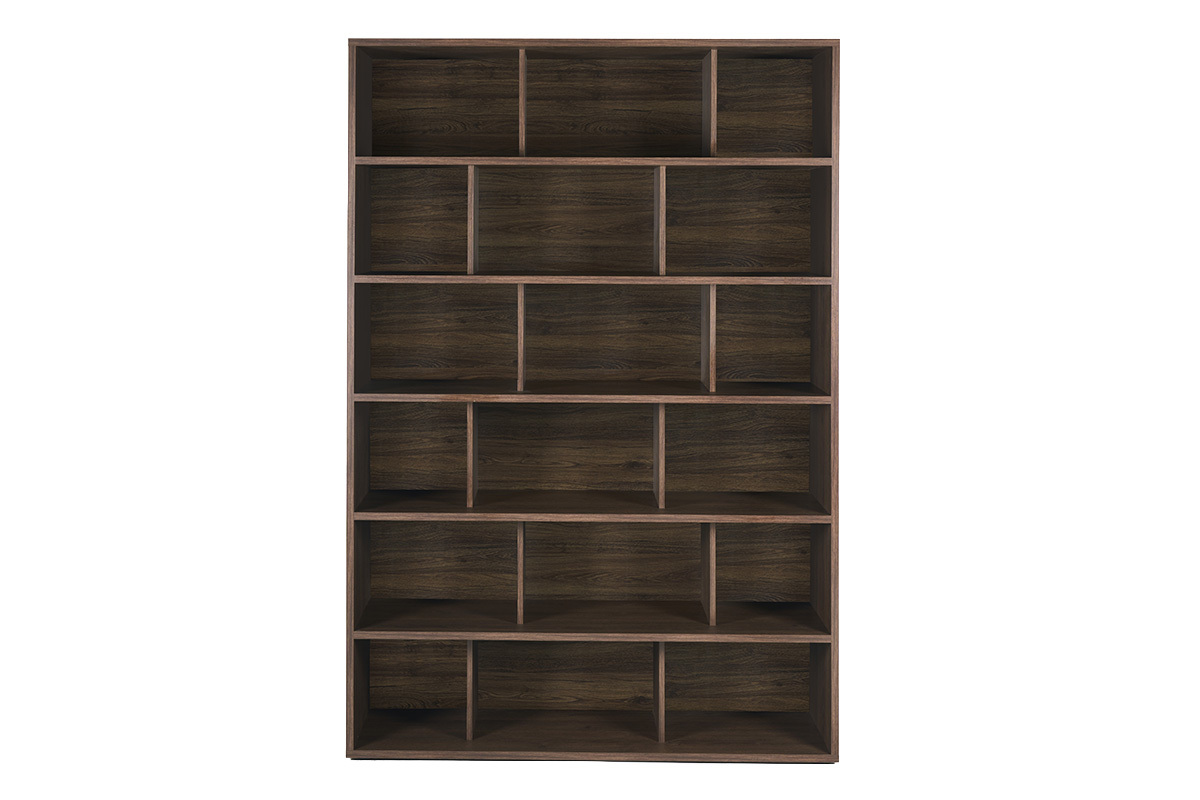 Biblioth�que scandinave bois fonc� avec niches, vue de face.