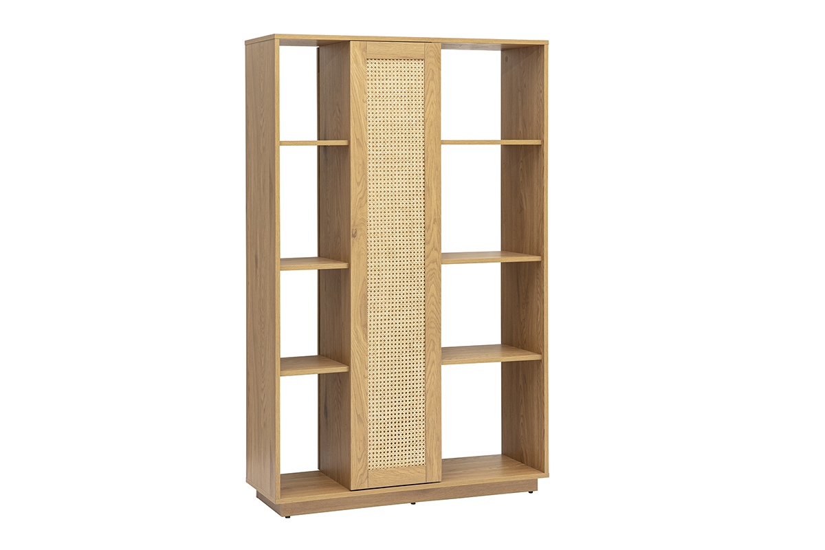 Biblioth�que s�paratrice en bois clair ch�ne avec cannage rotin, vue de face, cinq �tag�res ouvertes.