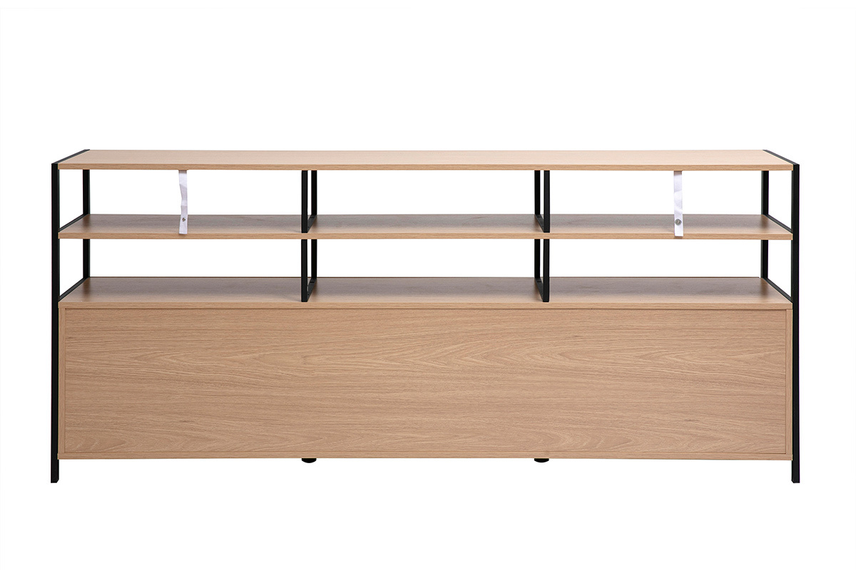 Buffet bas MAXENCE en bois clair et m�tal noir, vue de face avec �tag�res ouvertes.