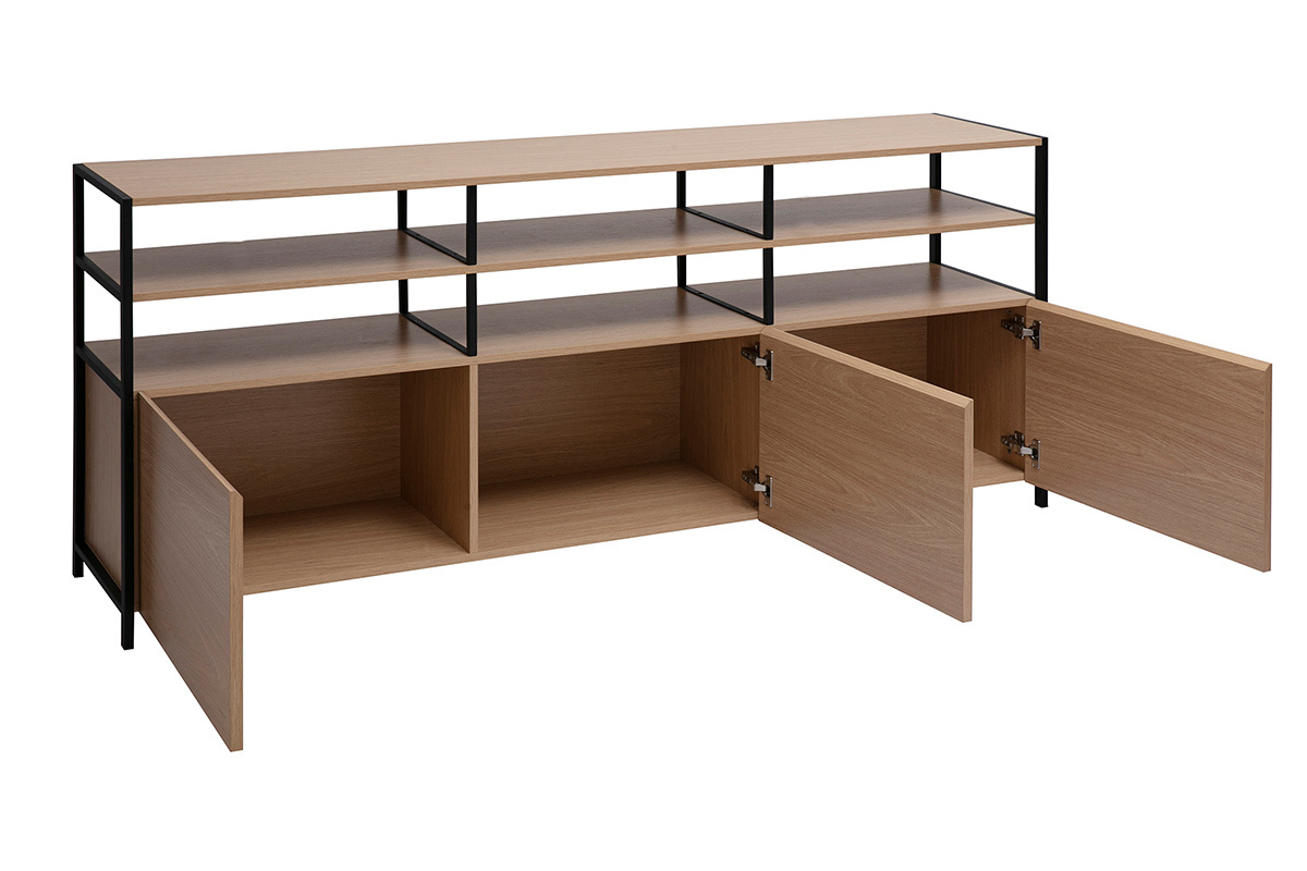 Buffet bas en bois clair ch�ne et m�tal noir, 3 portes ouvertes, �tag�res ouvertes, vue de face.