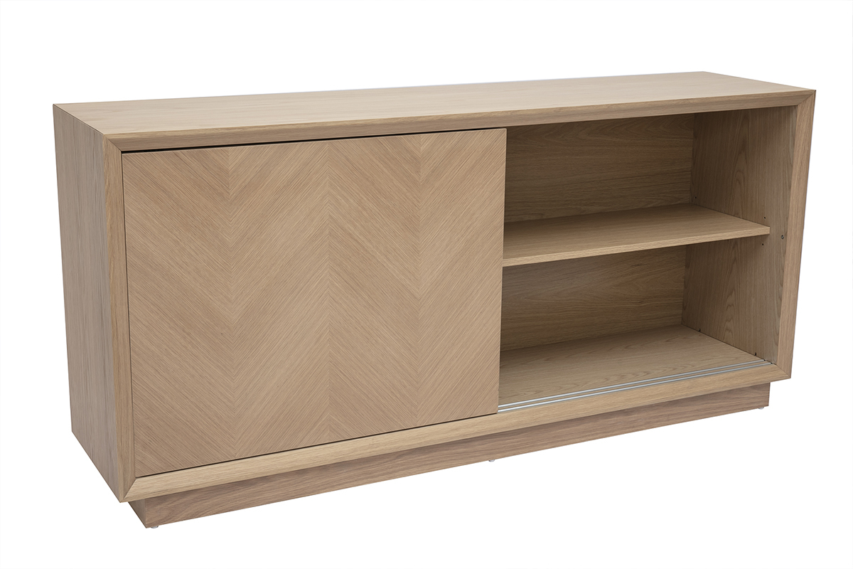 Buffet ch�ne clair avec motifs chevrons, deux portes coulissantes ARROW, vue de 3/4.
