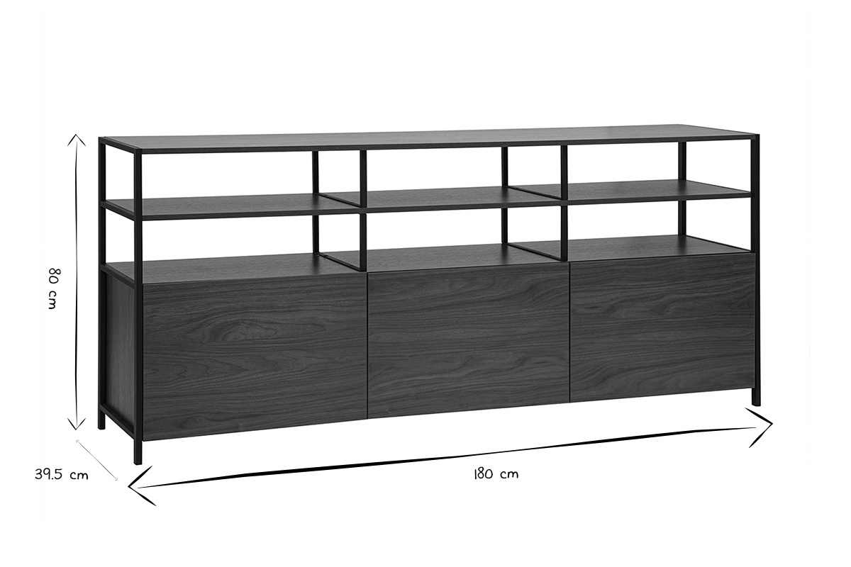 Dimensions du buffet bas MAXENCE en noir et blanc : L180 cm, H80 cm, P39,5 cm.