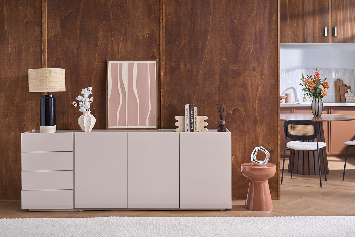 Buffet beige laqu� brillant 3 portes 4 tiroirs L200 cm ISAURE