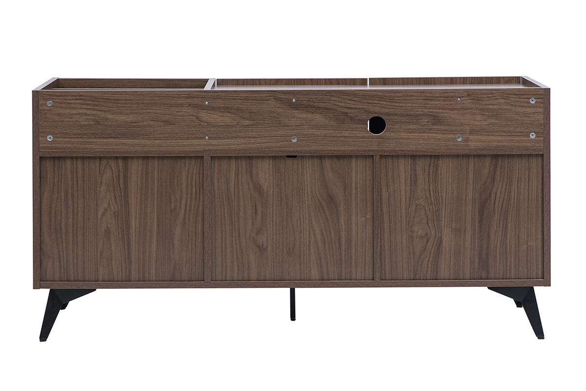 Buffet en bois fonc� finition noyer avec m�tal noir, vue de dos.