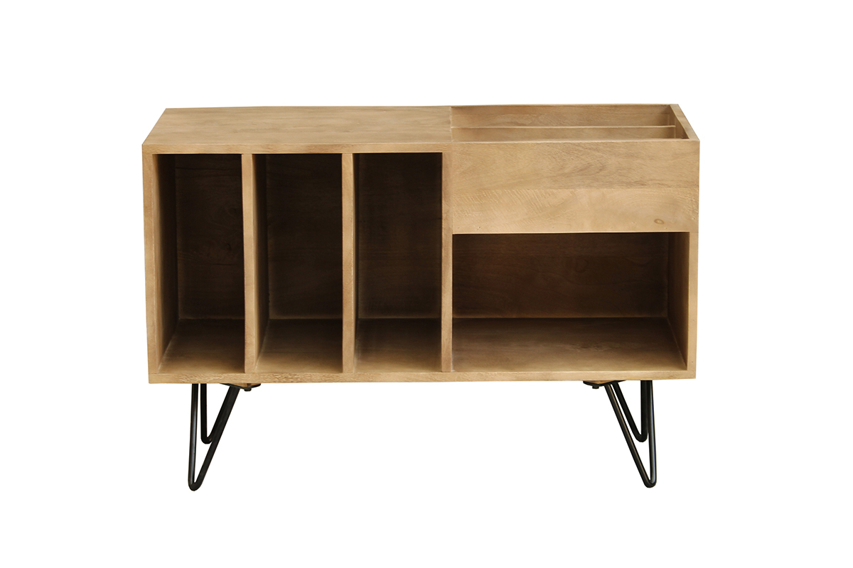 Buffet de rangement vinyles en bois manguier massif et m�tal L90 cm BOOGIE
