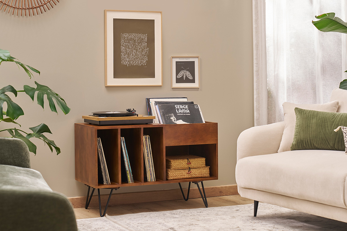 Buffet de rangement vinyles en bois manguier massif teint� et m�tal L90 cm BOOGIE