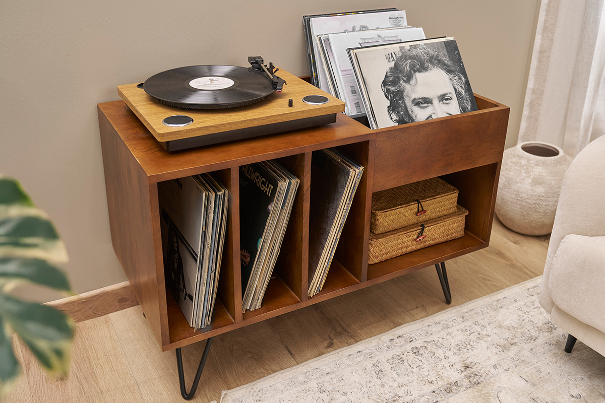 Buffet de rangement vinyles en bois manguier massif teint� et m�tal L90 cm BOOGIE