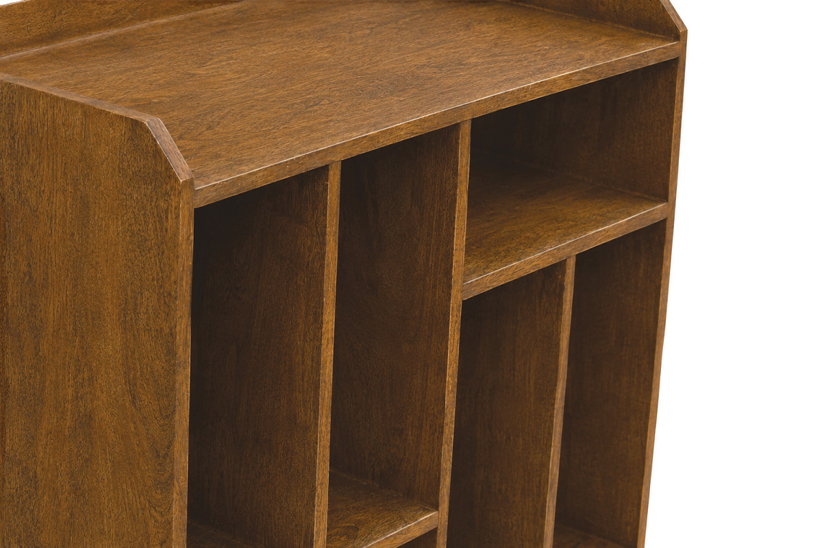 Buffet de rangement en bois massif et m�tal noir, vue de 3/4, avec niches pour vinyles et bouteilles.