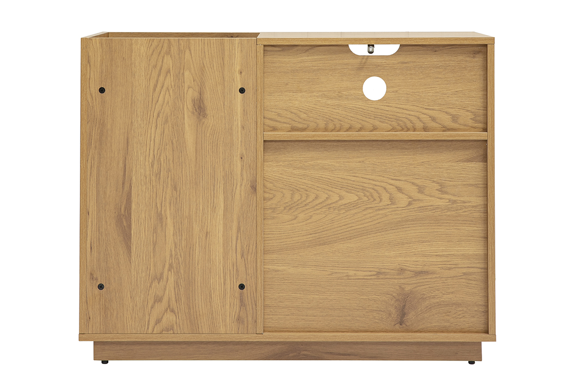 Buffet de rangement vinyles ALICANTE en bois clair ch�ne, vue de dos avec une niche ouverte et porte