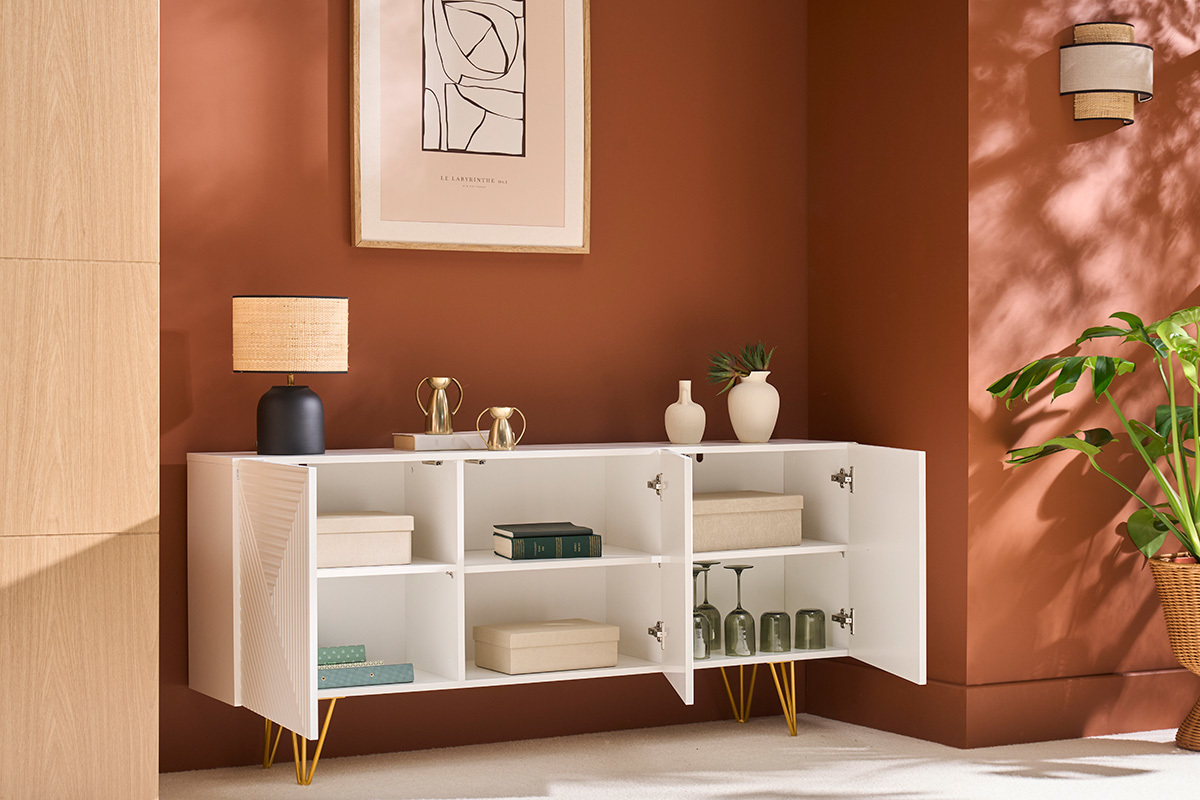 Buffet design blanc et m�tal dor� 3 portes L160 cm OZEN