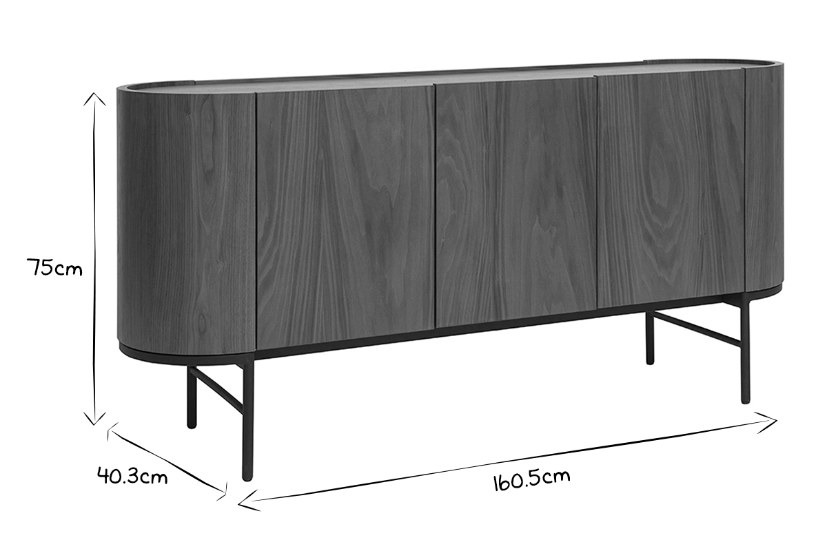 Buffet design bois fonc� noyer et m�tal noir 3 portes L160 cm SKYE