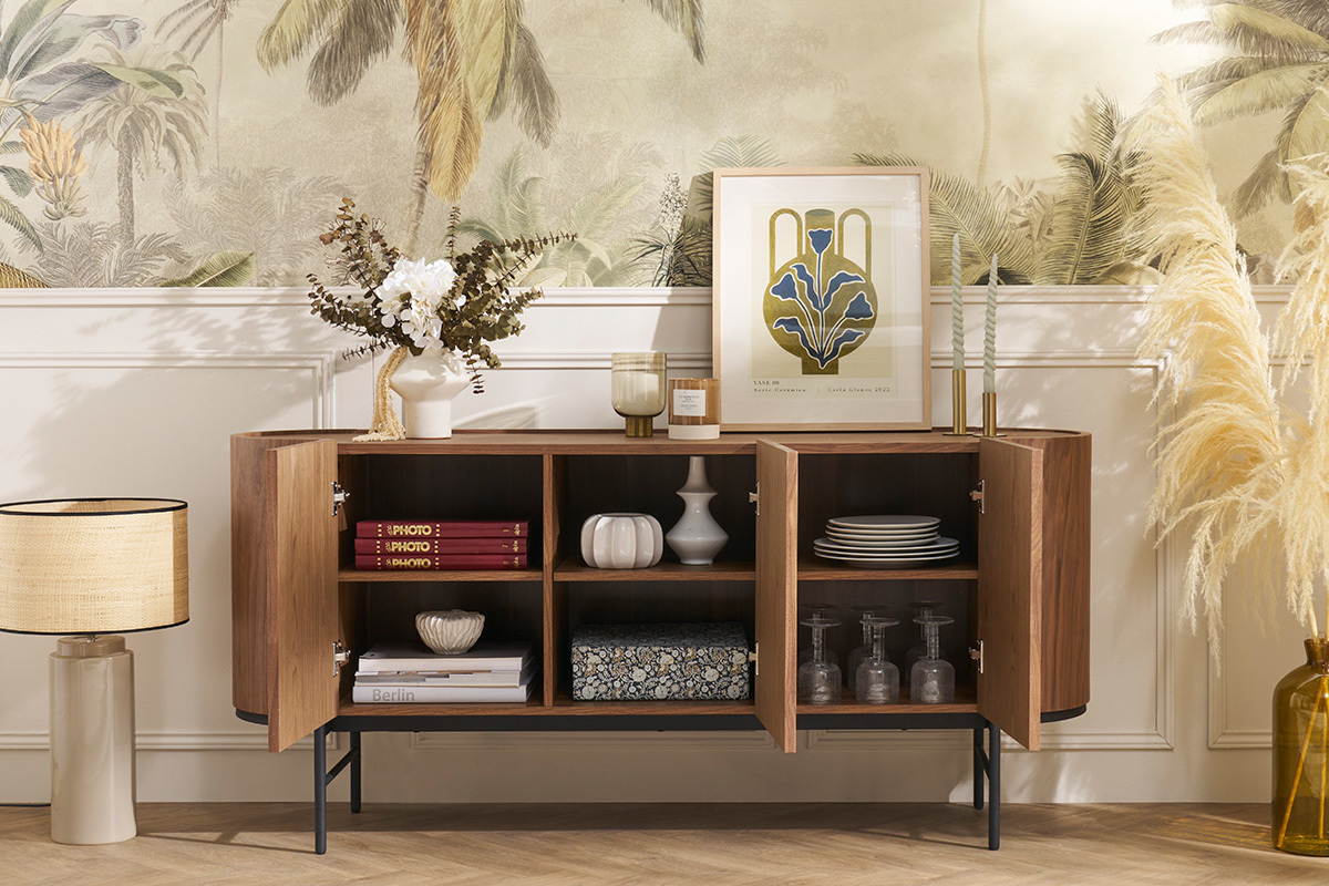 Buffet design bois fonc� noyer et m�tal noir 3 portes L160 cm SKYE