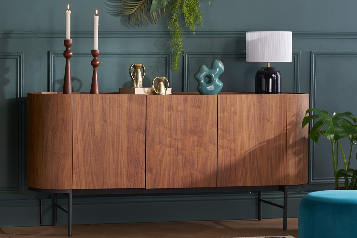 Buffet design bois fonc� noyer et m�tal noir 3 portes L160 cm SKYE