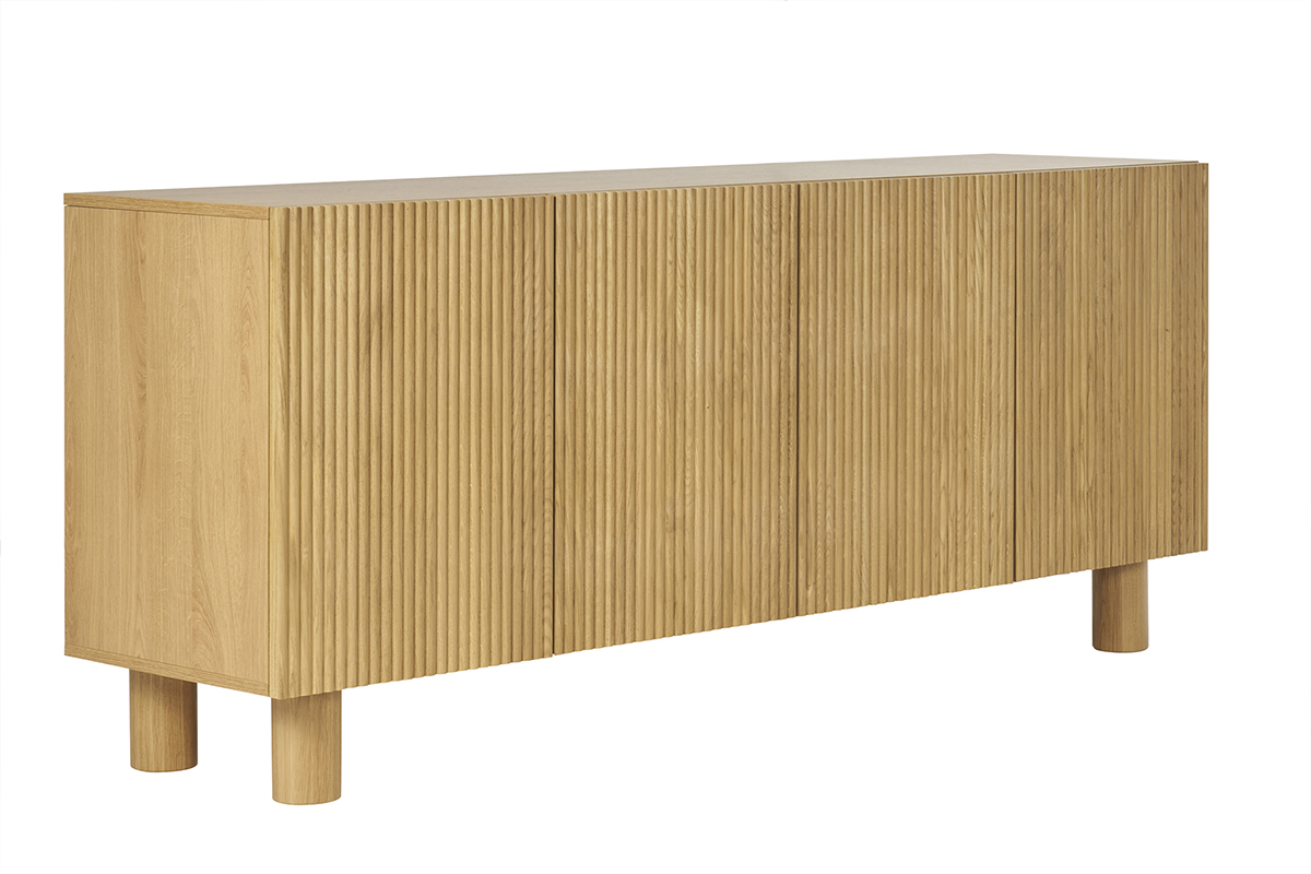 Buffet design en bois clair ch�ne massif grav� 4 portes L180 cm GOSHI