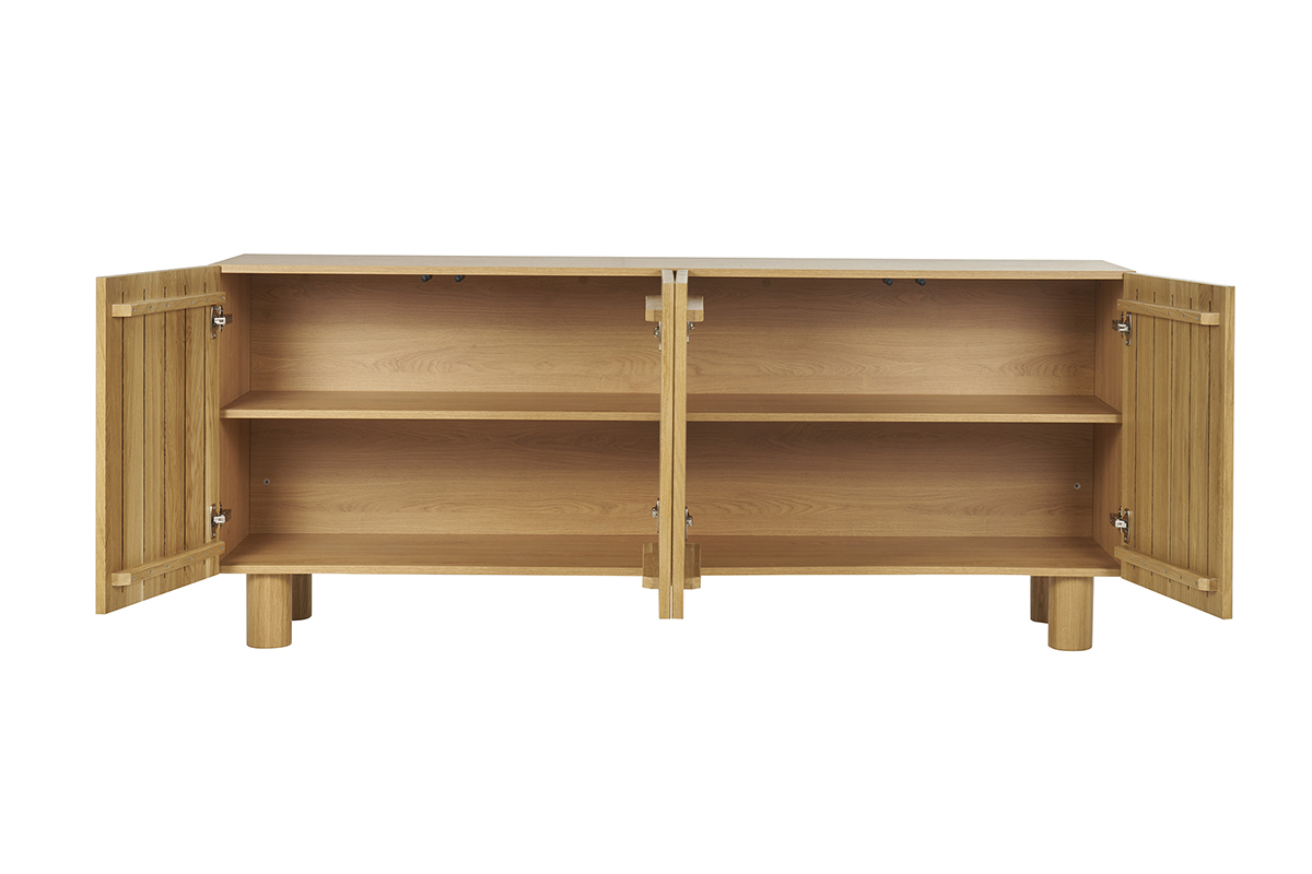 Buffet design en bois clair ch�ne massif grav� 4 portes L180 cm GOSHI