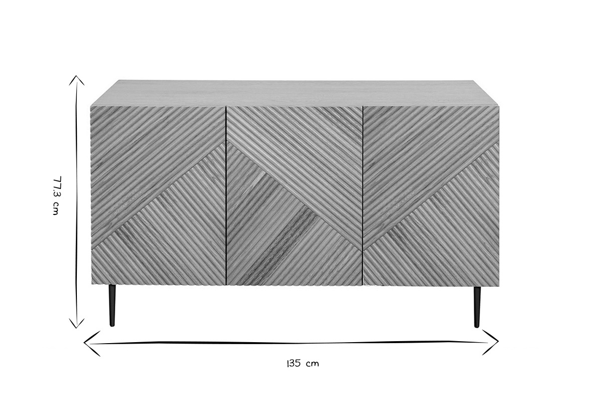 Buffet design en bois clair ch�ne massif grav� et m�tal noir 3 portes L135 cm ARCHIPEL