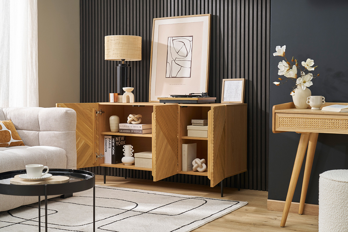 Buffet design en bois clair ch�ne massif grav� et m�tal noir 3 portes L135 cm ARCHIPEL