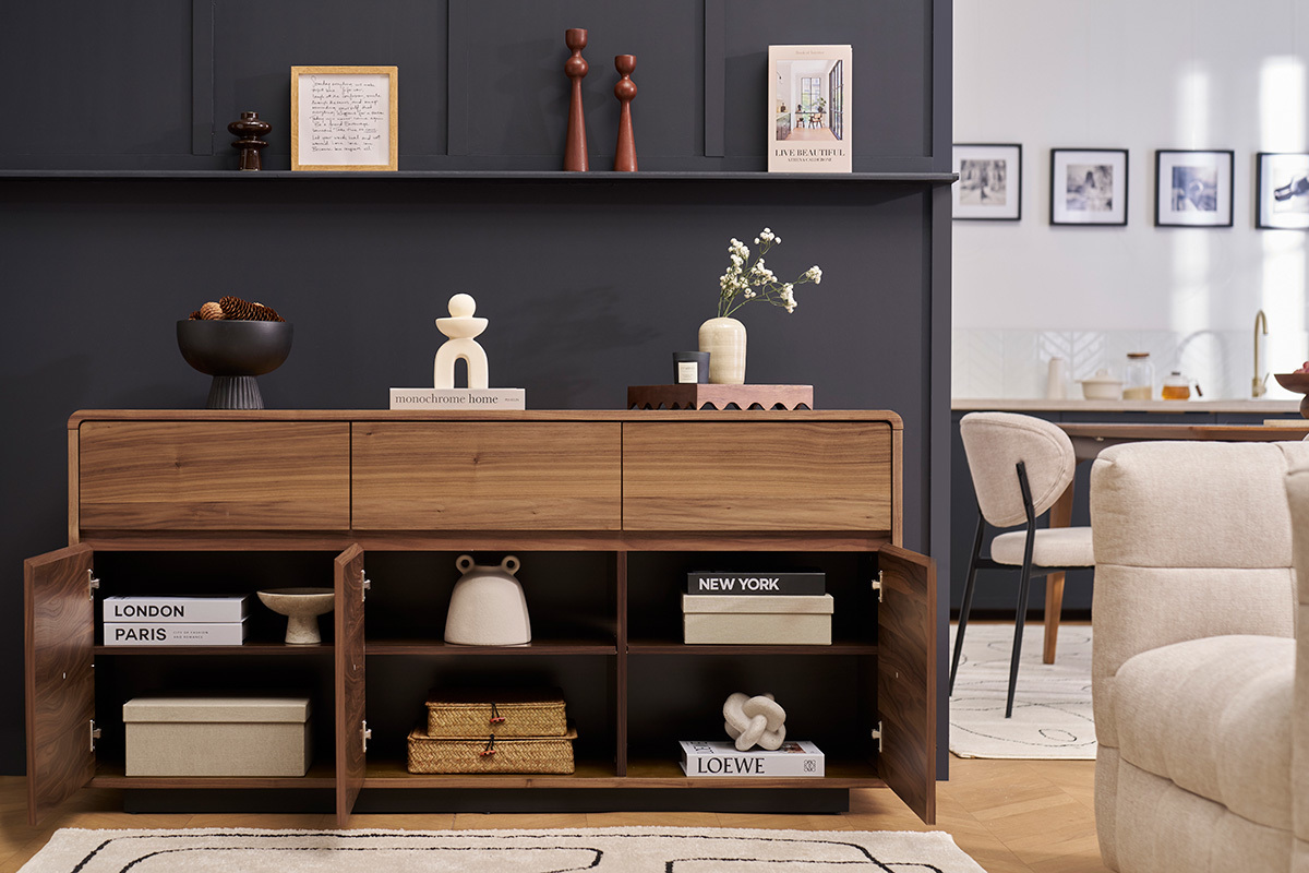 Buffet design en bois fonc� noyer 3 portes 3 tiroirs L160 cm JAKO