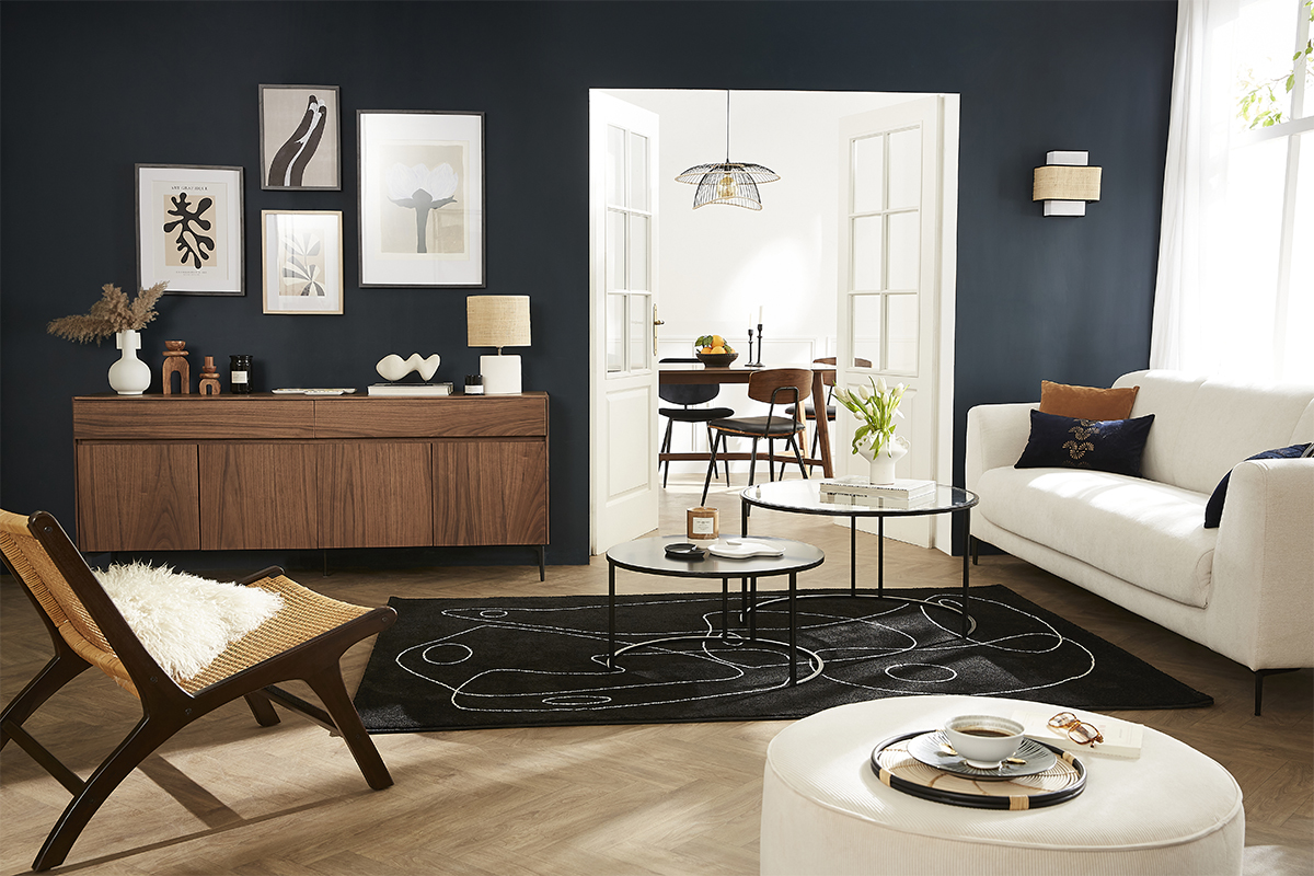 Buffet design en bois fonc� noyer et m�tal noir 4 portes 2 tiroirs L180 cm BLISS