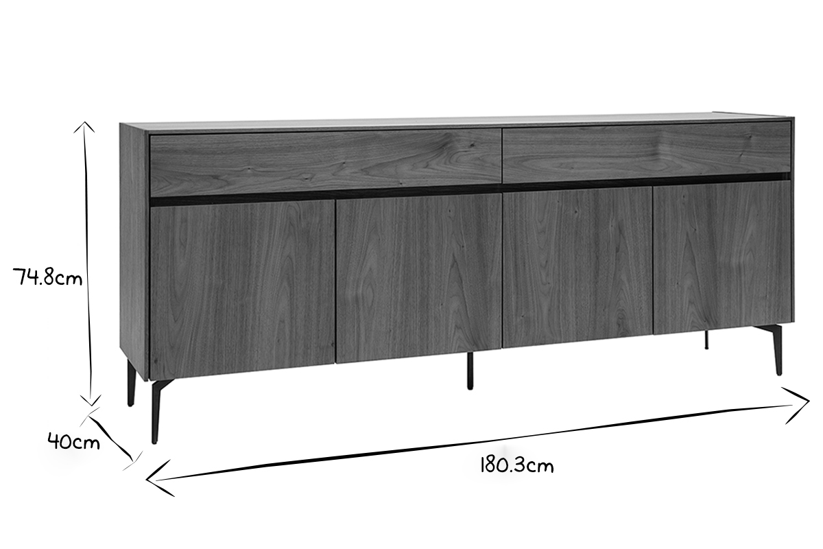 Buffet design en bois fonc� noyer et m�tal noir 4 portes 2 tiroirs L180 cm BLISS