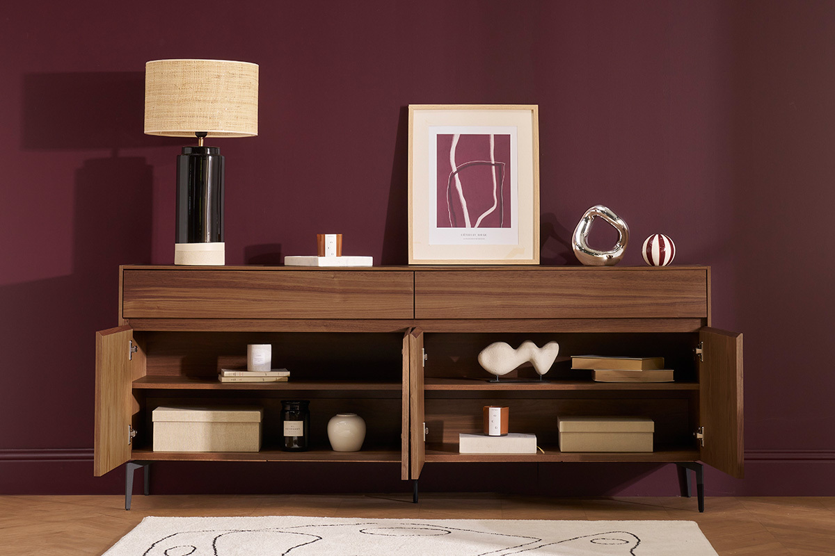 Buffet design en bois fonc� noyer et m�tal noir 4 portes 2 tiroirs L180 cm BLISS