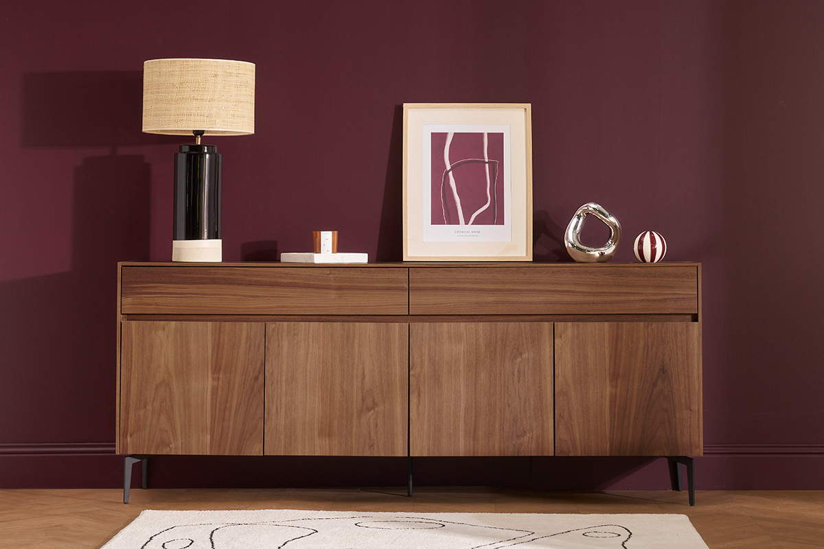 Buffet design en bois fonc� noyer et m�tal noir 4 portes 2 tiroirs L180 cm BLISS