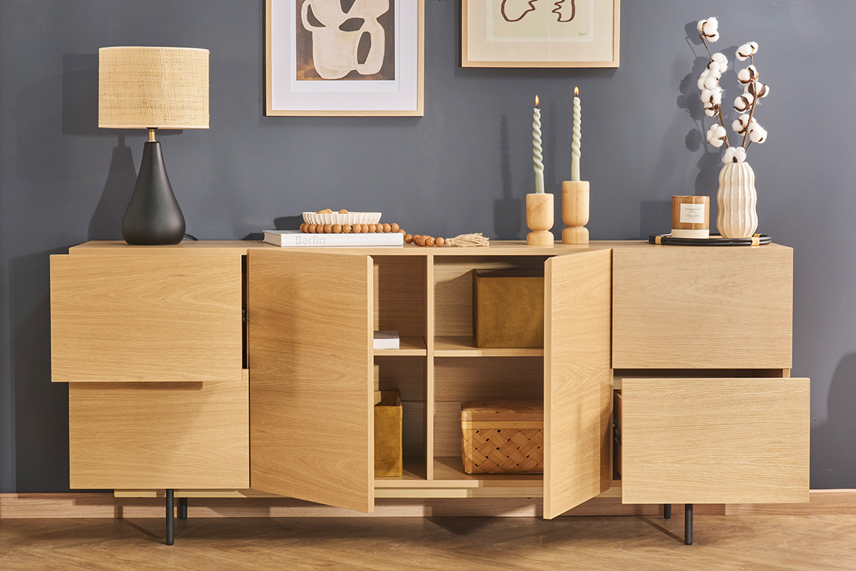 Buffet design finition bois clair ch�ne et m�tal noir 2 portes 4 tiroirs L180 cm ALASKA