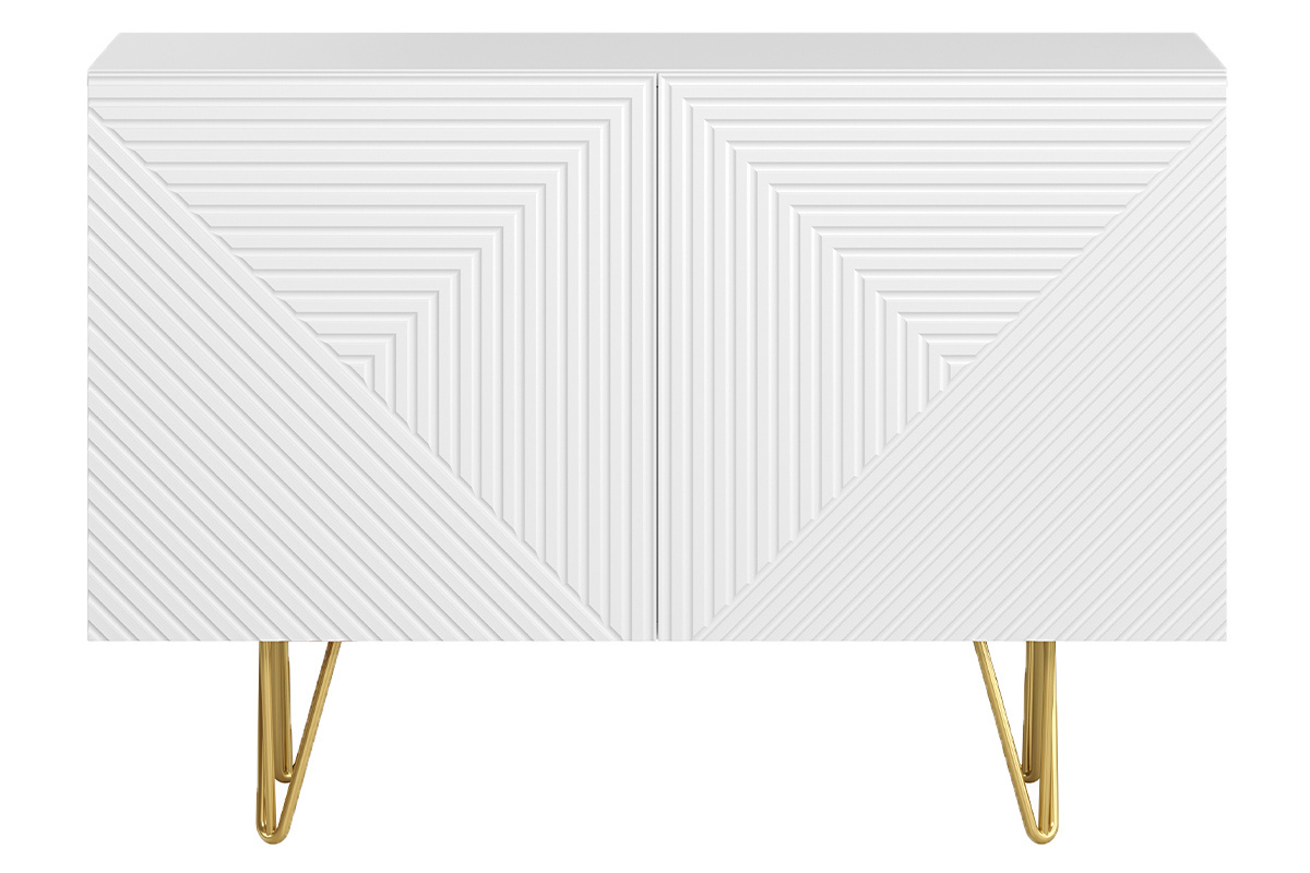 Buffet design grav� blanc mat et m�tal dor� 2 portes L107 cm OZEN