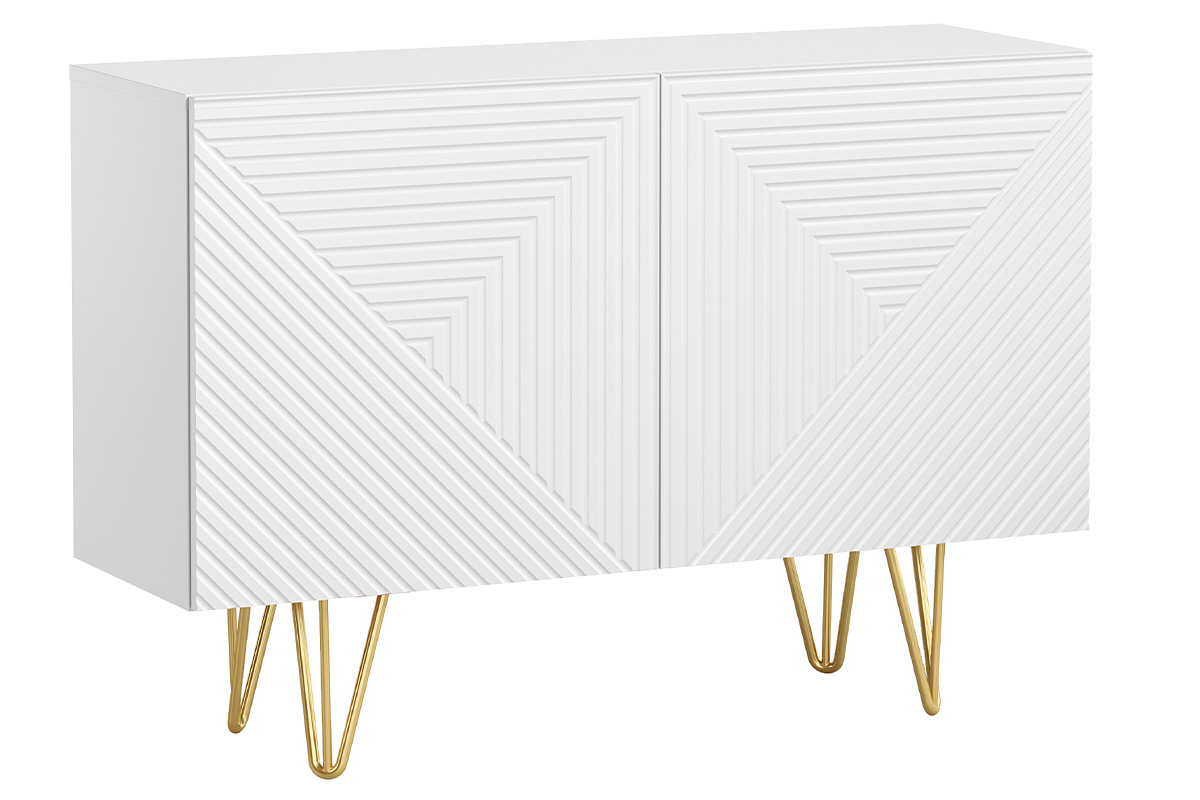 Buffet design grav� blanc mat et m�tal dor� 2 portes L107 cm OZEN