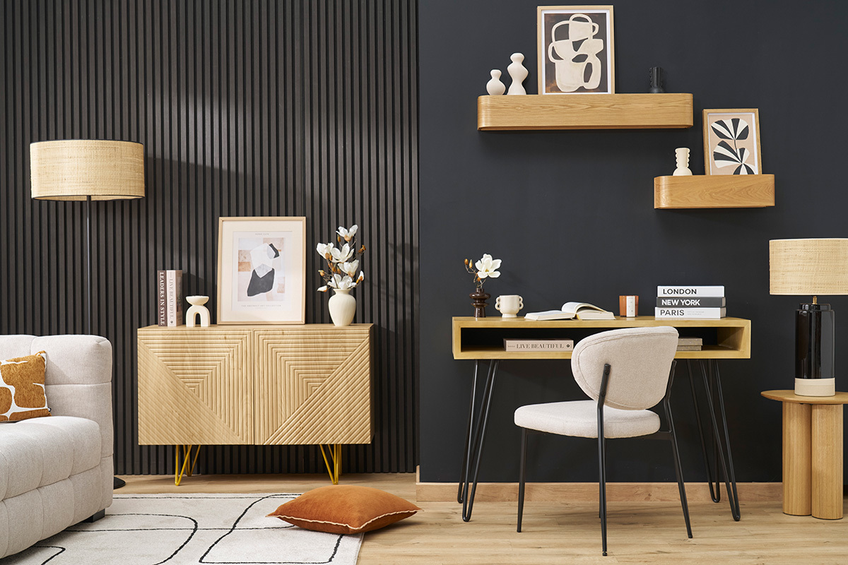 Buffet design grav� finition bois clair ch�ne et m�tal dor� 2 portes L107 cm OZEN