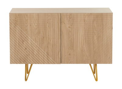 Buffet design grav&eacute; finition bois clair ch&ecirc;ne et m&eacute;tal dor&eacute; 2 portes L107 cm OZEN