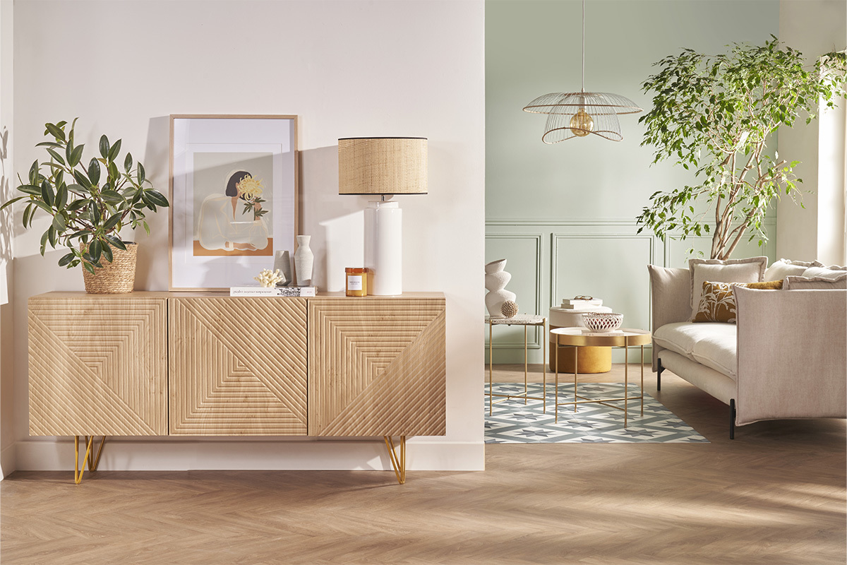 Buffet design grav� finition bois clair ch�ne et m�tal dor� 3 portes L160 cm OZEN