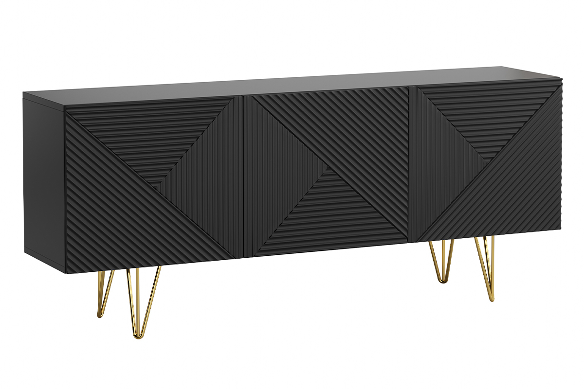 Buffet design grav� noir et m�tal dor� 3 portes L160 cm OZEN