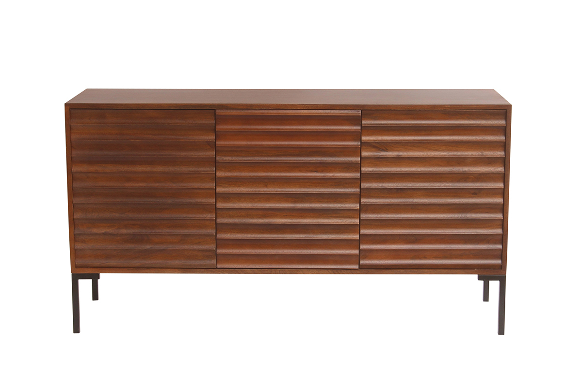 Buffet en bois fonc� manguier massif et m�tal noir 3 portes L140 cm ONDA
