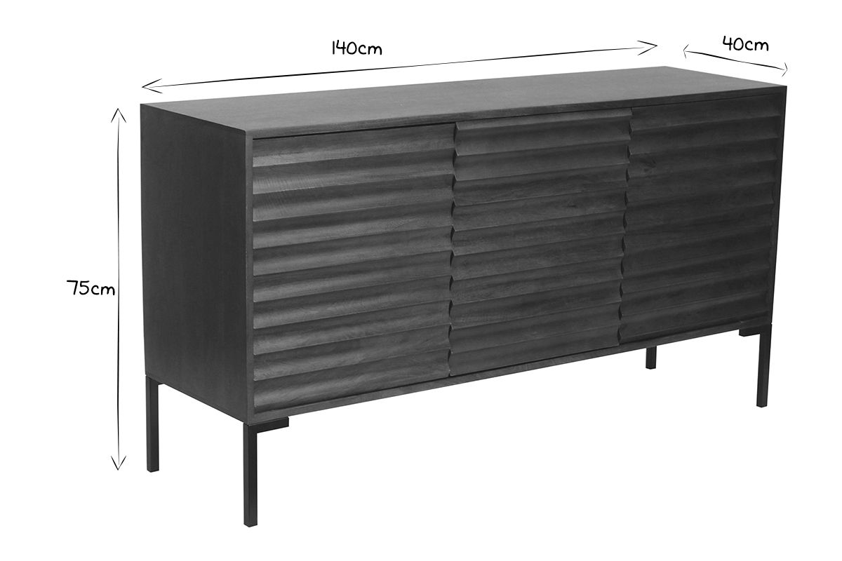 Buffet en bois fonc� manguier massif et m�tal noir 3 portes L140 cm ONDA