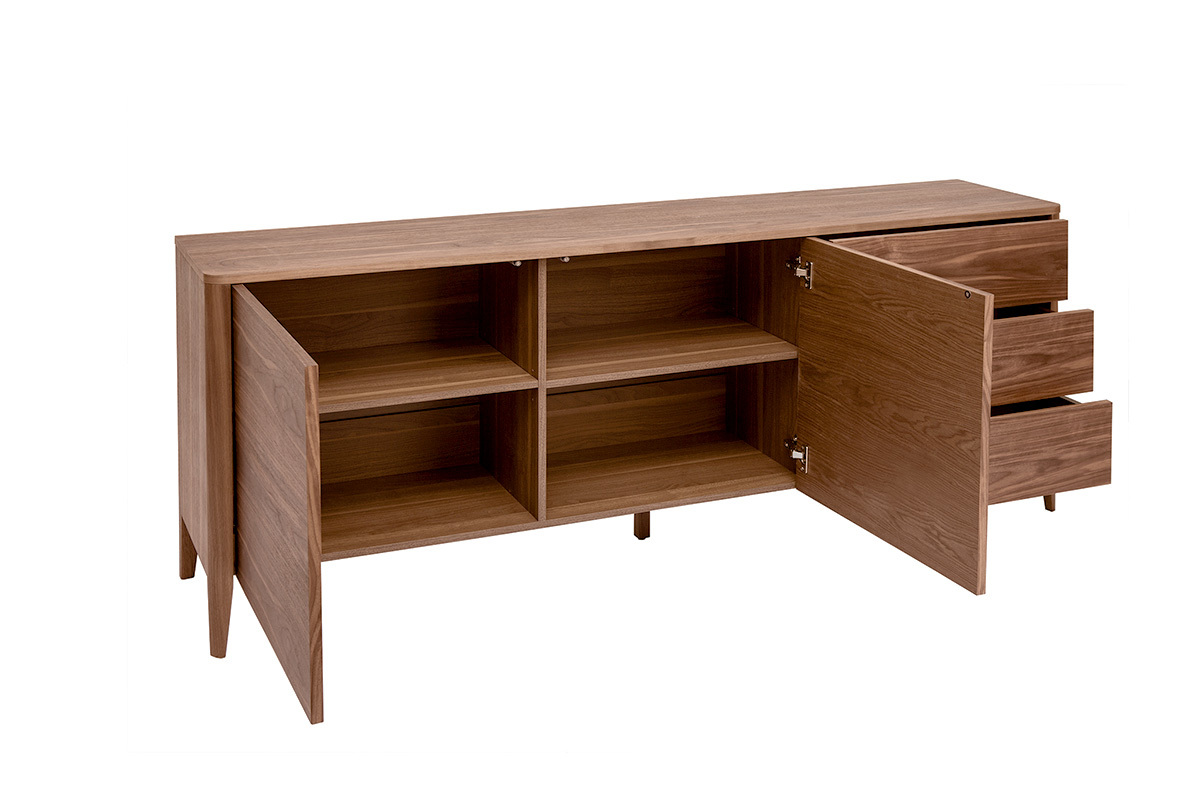 Buffet en bois fonc� noyer avec deux portes ouvertes et trois tiroirs ouverts, vue de profil.